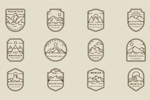 Set of Mountain Line Art Logo Emblem